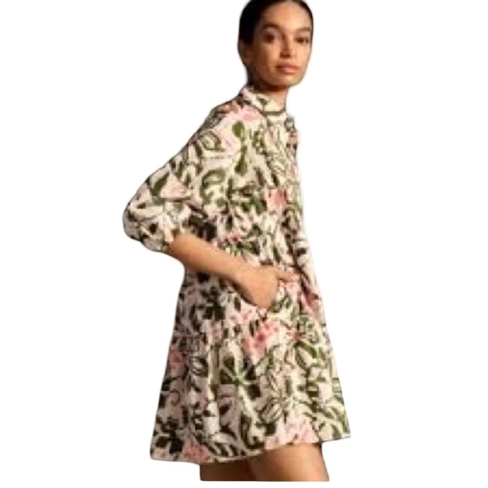 NEW Anthropologie Maeve Bentina Floral shirt mini dress Green & Peach SIZE SMALL - Picture 13 of 13